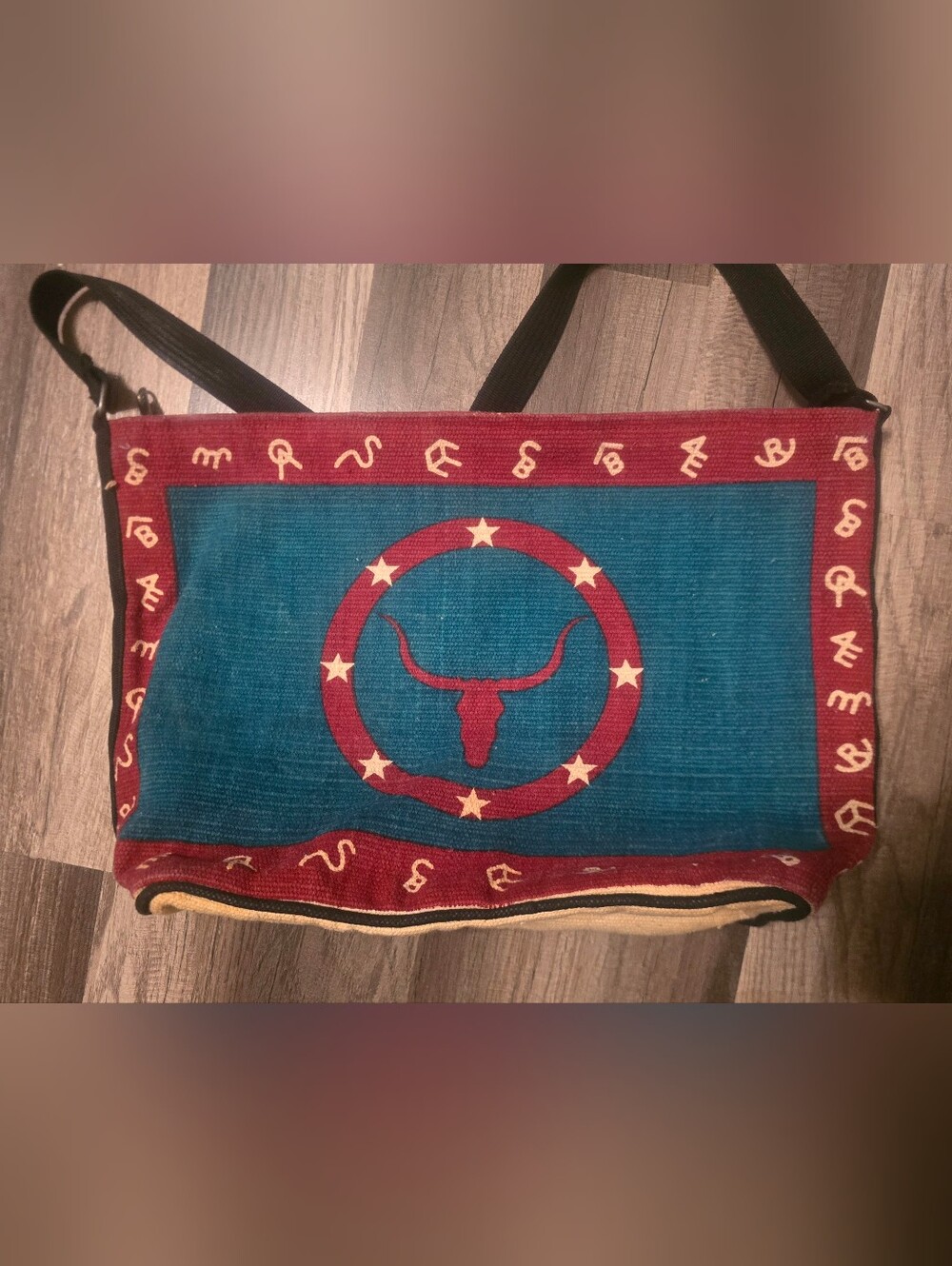 Longhorn Blue and Red Canvas Zip Top Messenger Bag with Longhorn Motif